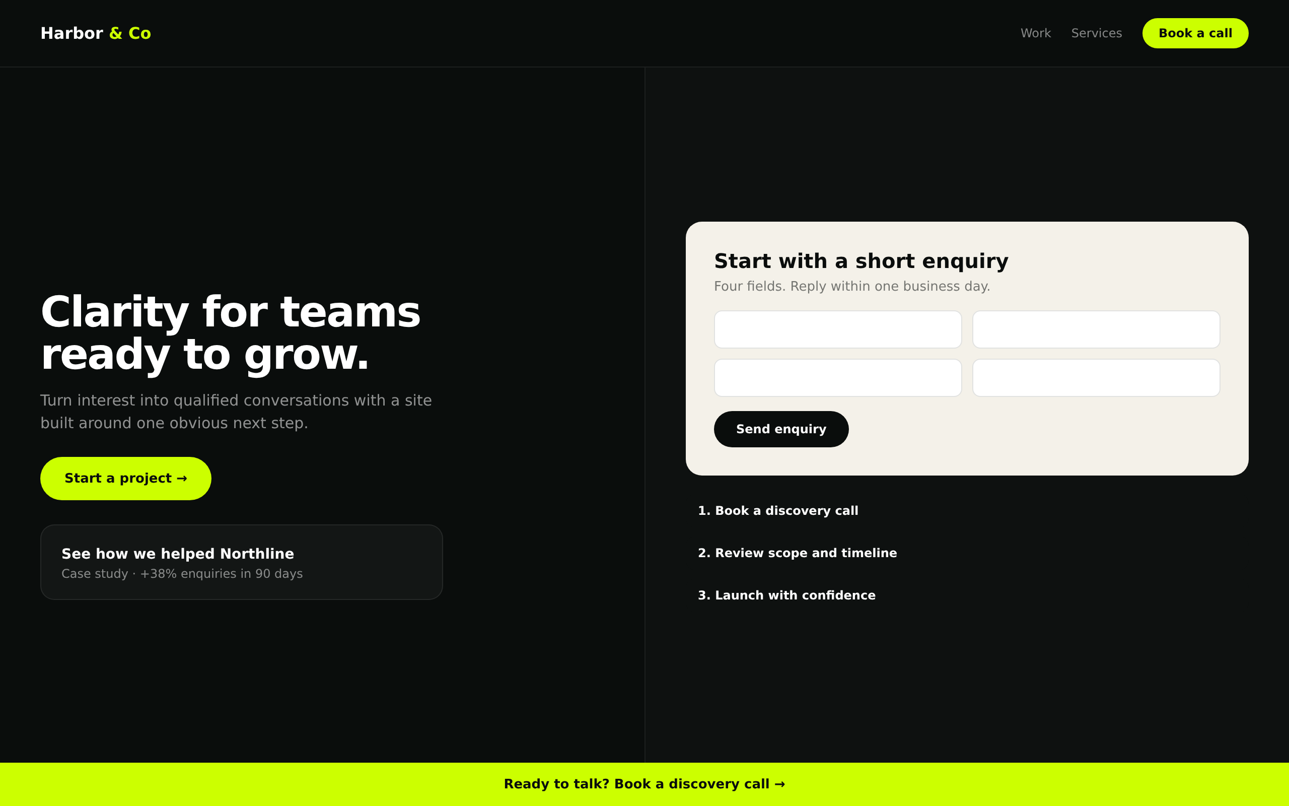 Redesigned Harbor and Co page with hero CTA, proof section, enquiry form and sticky action bar