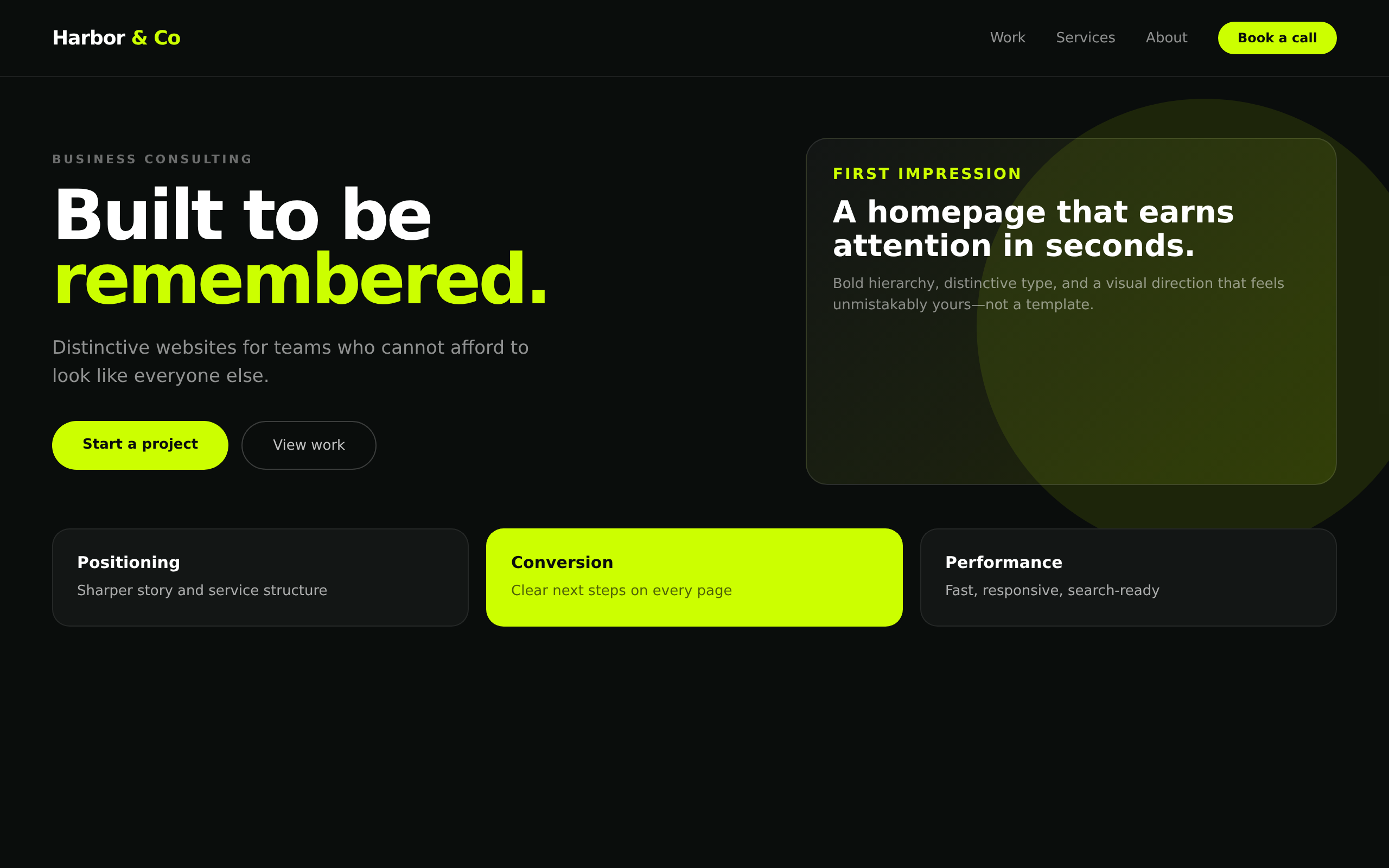 Redesigned Harbor and Co homepage with bold typography, clear hierarchy and distinctive brand presence