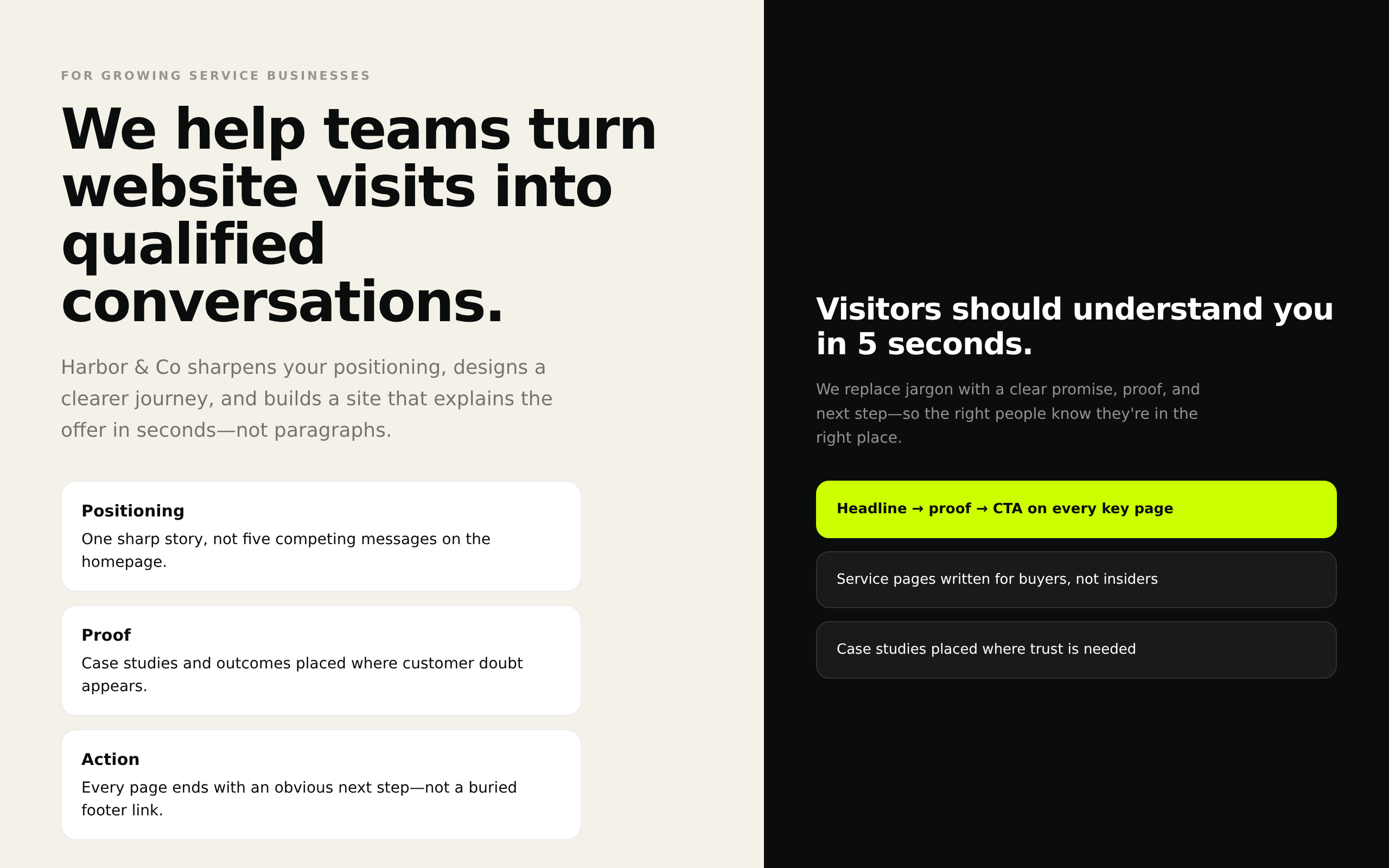 Clear Harbor and Co messaging with one sharp headline and structured proof points