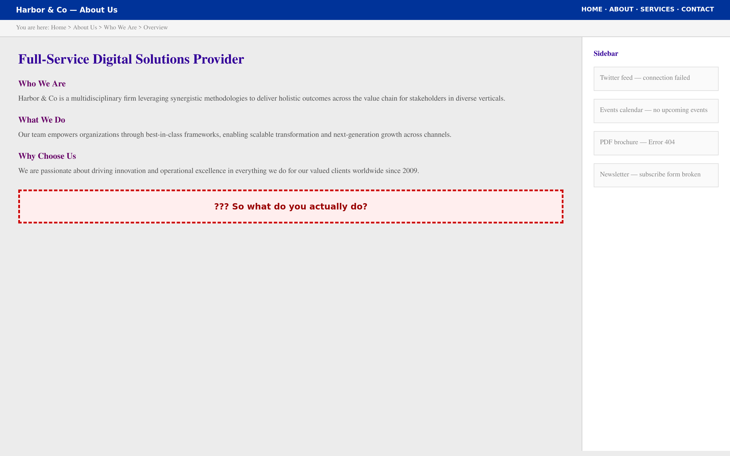 Jargon-heavy about page with multiple competing headings and no clear value proposition