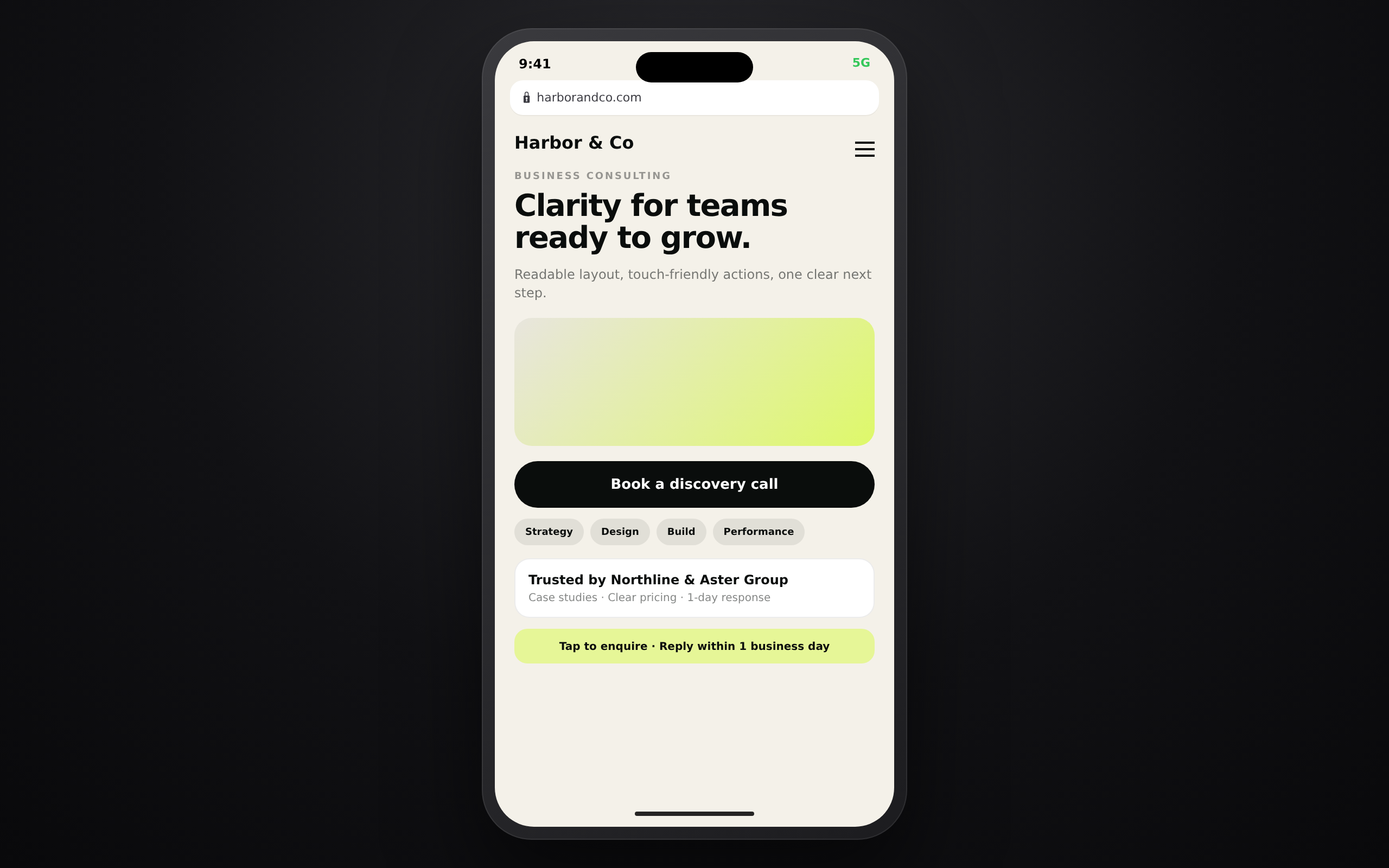 Responsive mobile Harbor and Co experience with readable layout and clear call to action