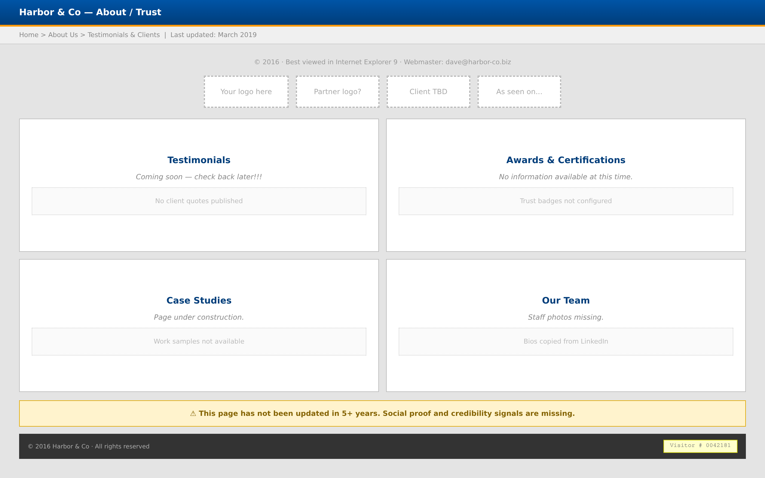 Outdated trust section with empty logo placeholders and testimonials coming soon
